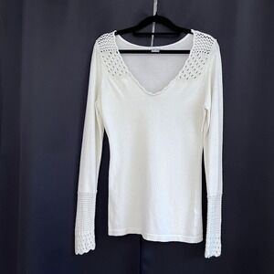 Cream V Neck Long Sleeve Sweater Top Crochet Accents longline Size S